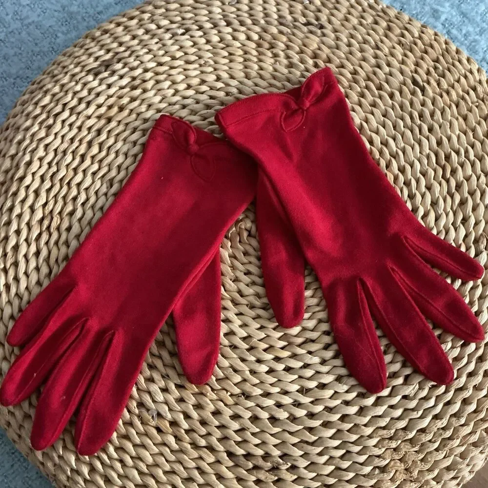Vintage Red Stretch Dress Gloves Medium 6.5-7 Bow Cuff Women’s Formal Costume